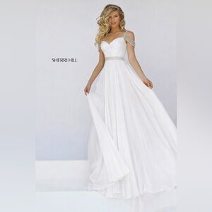 Sherri Hill 50086 Chiffon Beaded Sweetheart Prom Gown Wedding Dress White